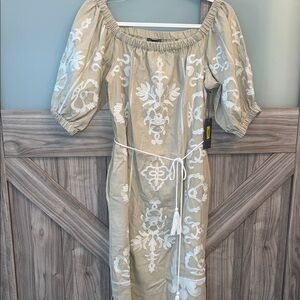 Vince Camuto Beige Midi Dress with White Embroidery